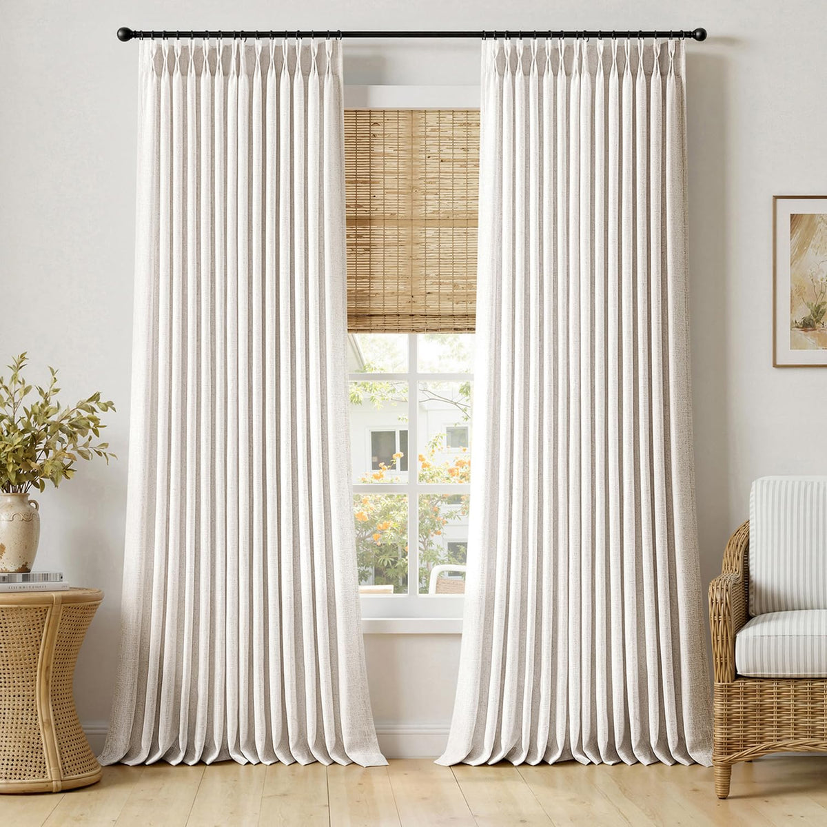 MIULEE Pinch Pleated Linen Curtains 96 Inches Long Beige White 2 Panels