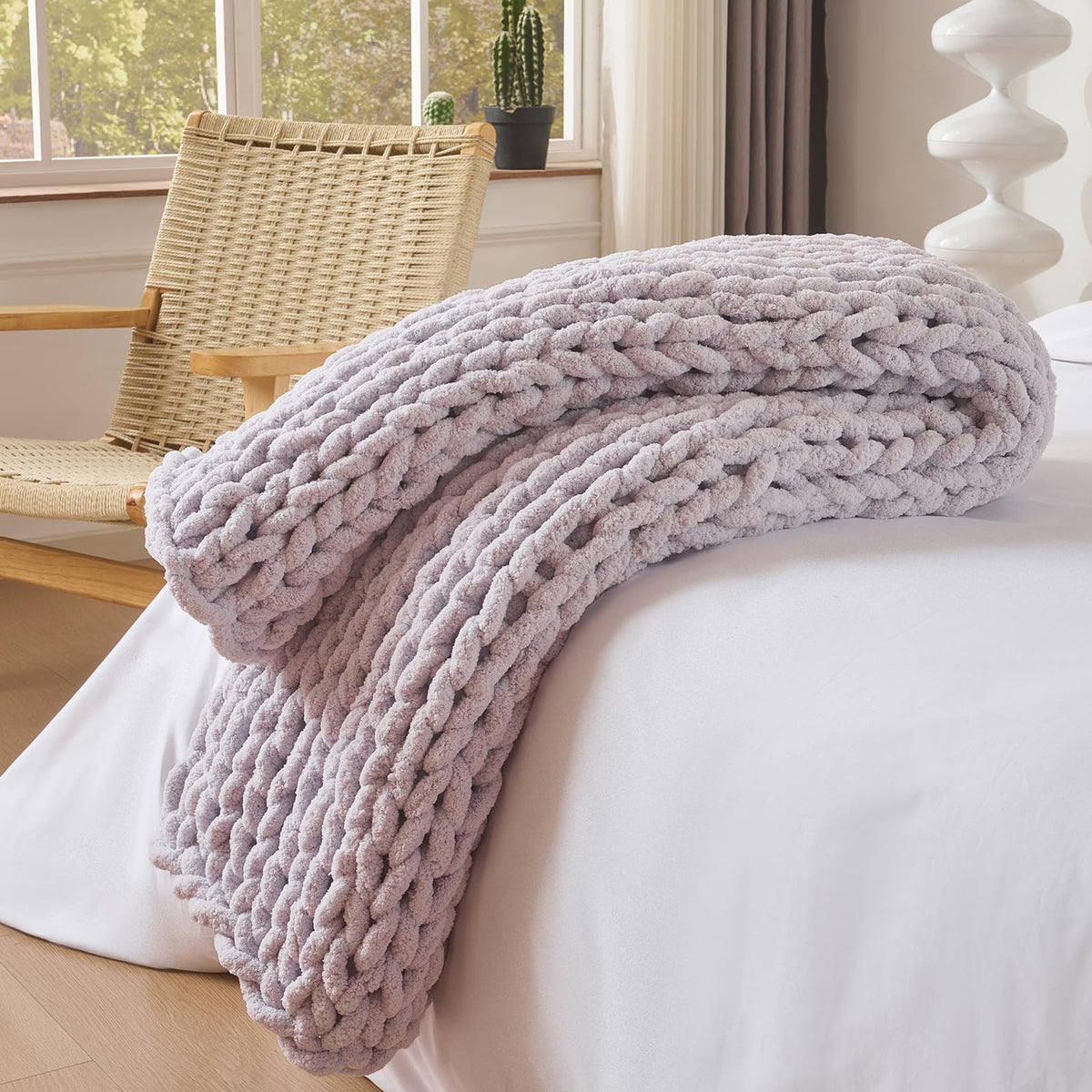 Bigacogo Chunky Knit Throw Blanket for Couch, 40x60 inches, Beige