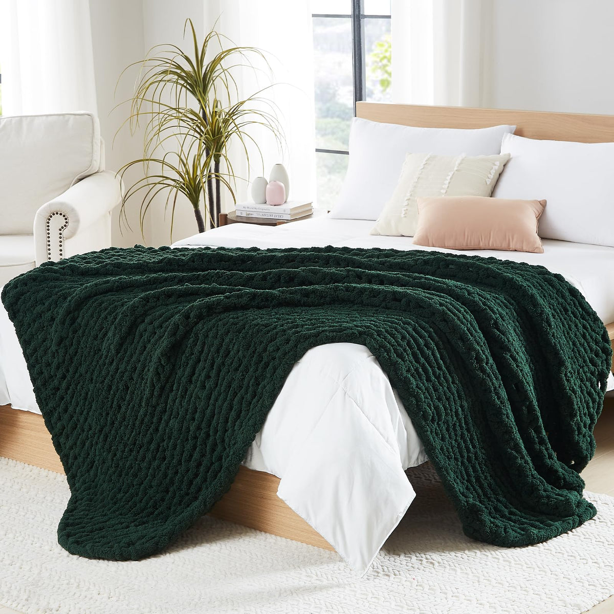 L'AGRATY Chunky Knit Throw Blanket for Couch, 50'' x 60'' Knit Throw, Ivory
