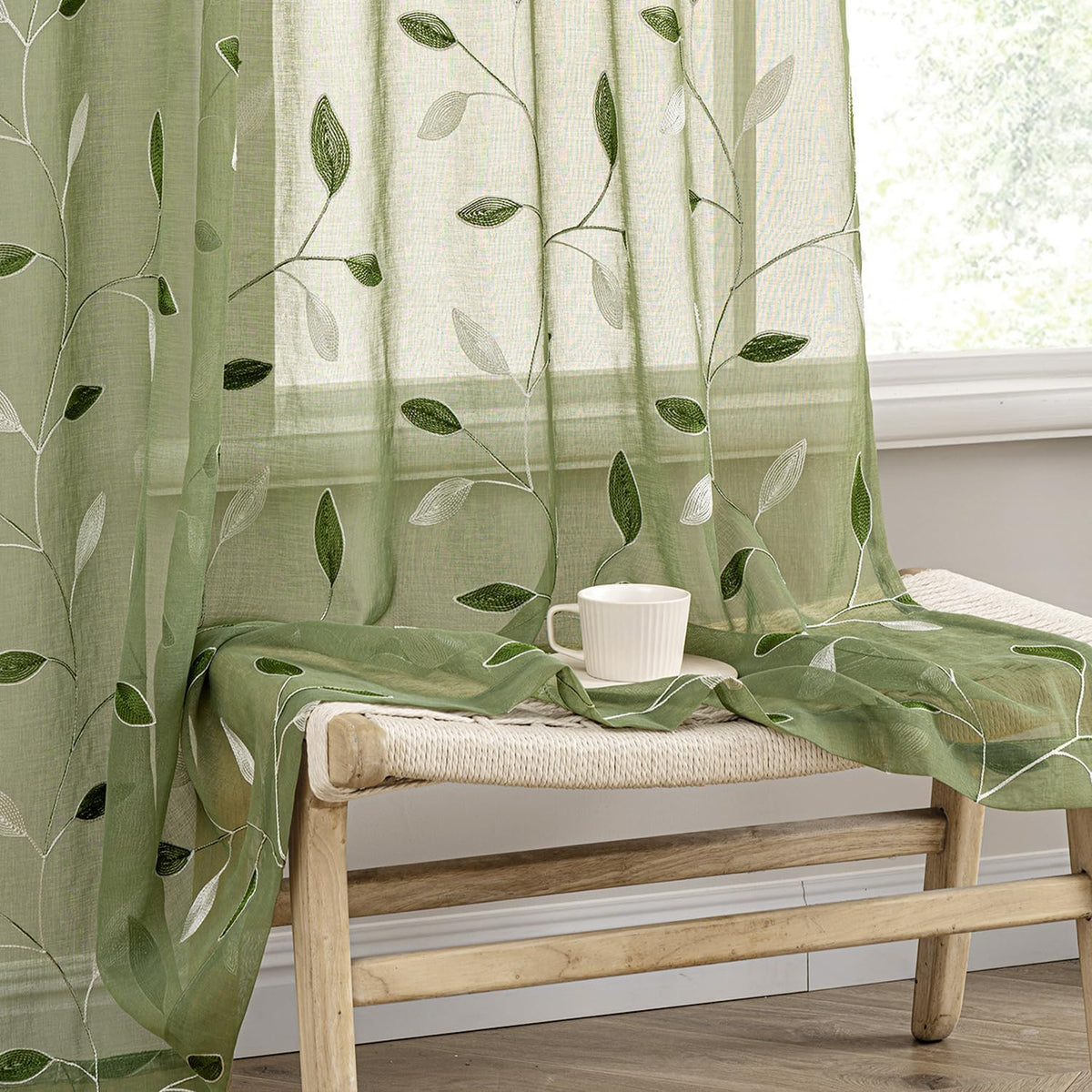 MIULEE Sage Green Sheer Curtains 2 Panels Leaf Patterned, W52 x L84