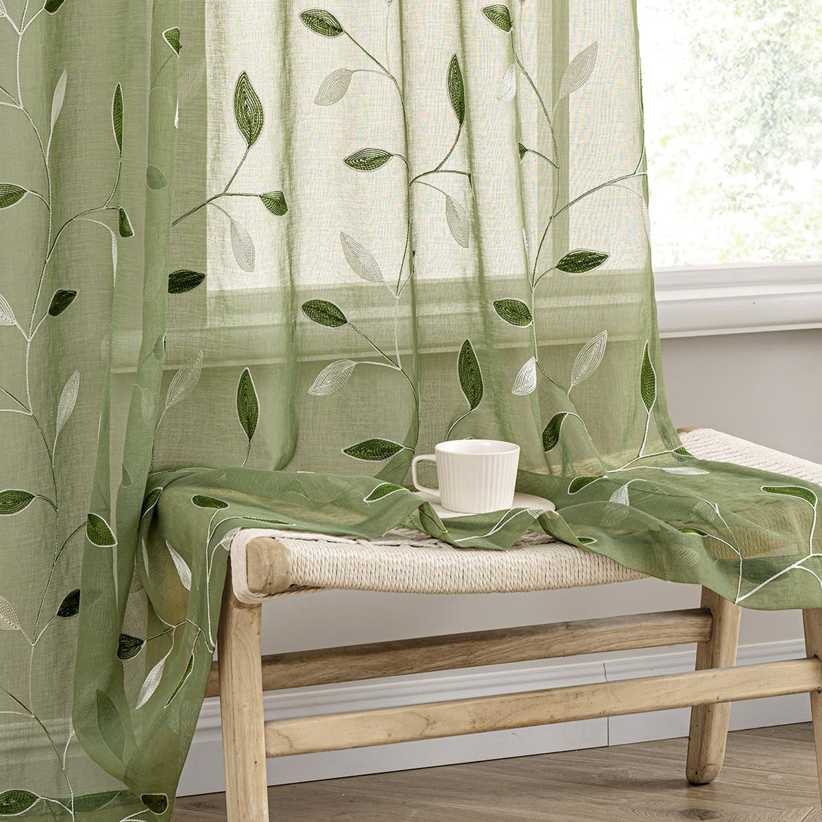 MIULEE Sage Green Sheer Curtains 2 Panels Leaf Patterned, W52 x L84