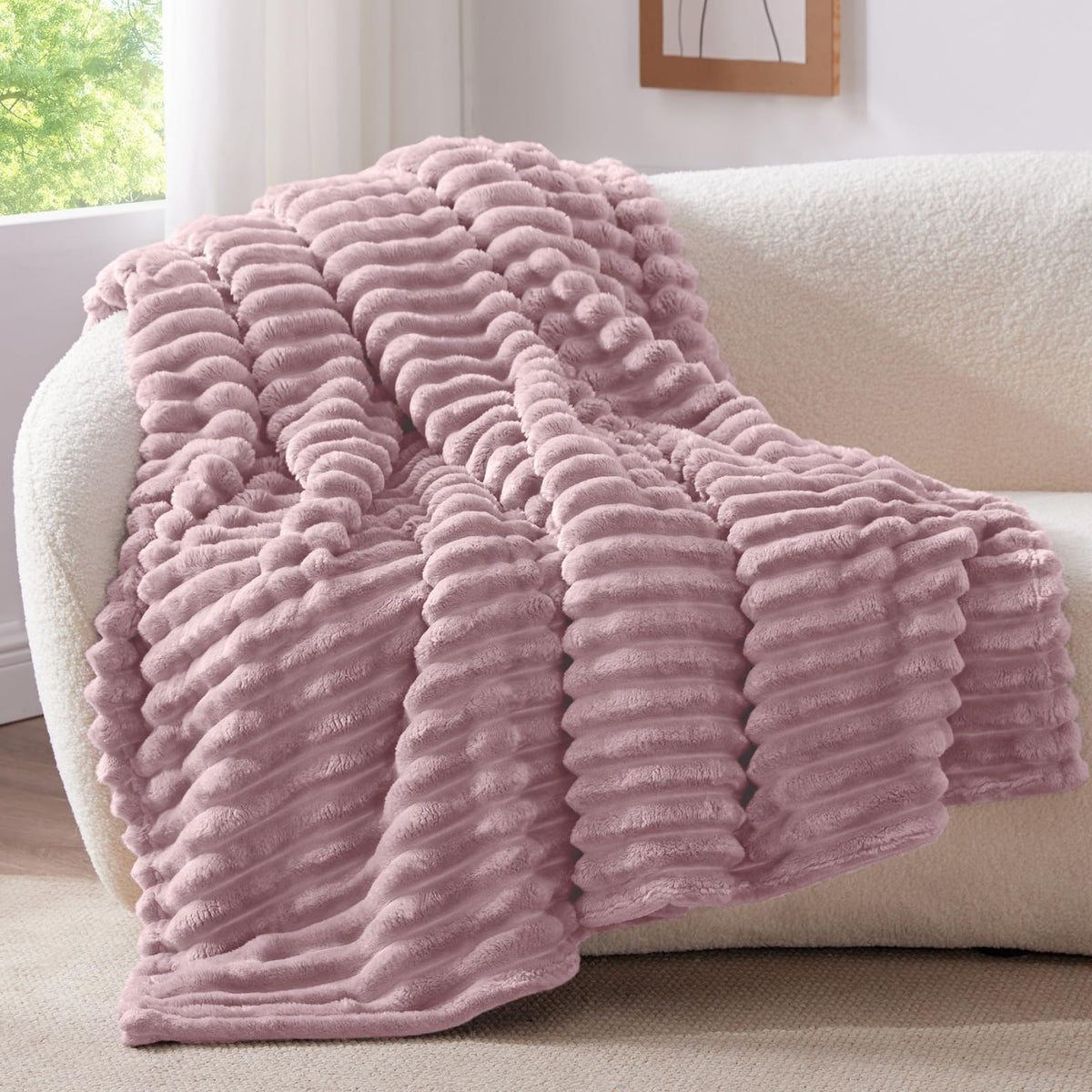 BEDELITE Ribbed Fleece Throw Blanket for Couch, Cream, 50"x60"