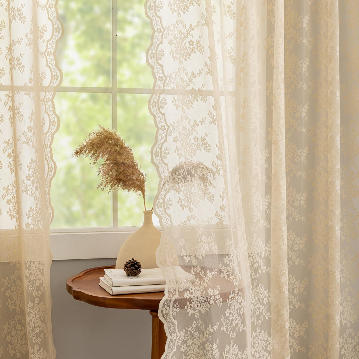 YJ YANJUN Vintage Lace Curtains 84 Inches Long-Victorian Floral Pattern Ivory Sheer Curtain Panels for Living Room Bedroom French Door, Light Filtering Drapes, 2 Panels 52W x 84L Cream