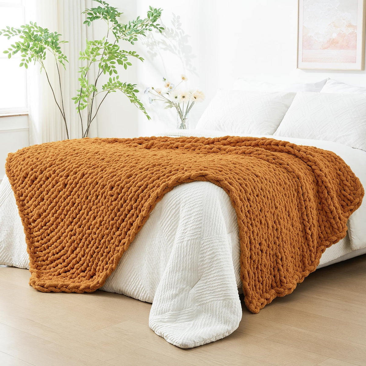 Bigacogo Chunky Knit Throw Blanket for Couch, 40x60 inches, Beige
