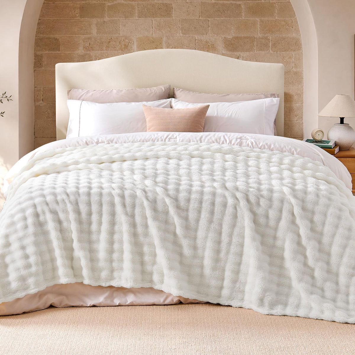 Lotus Karen 3D Bubble Fleece Blanket for Couch - Ultra Soft Fluffy White Throw Blanket for Sofa Bedroom, Lightweight Cozy Throw for All Season, Adults Women Kids Off White, 50"x60"