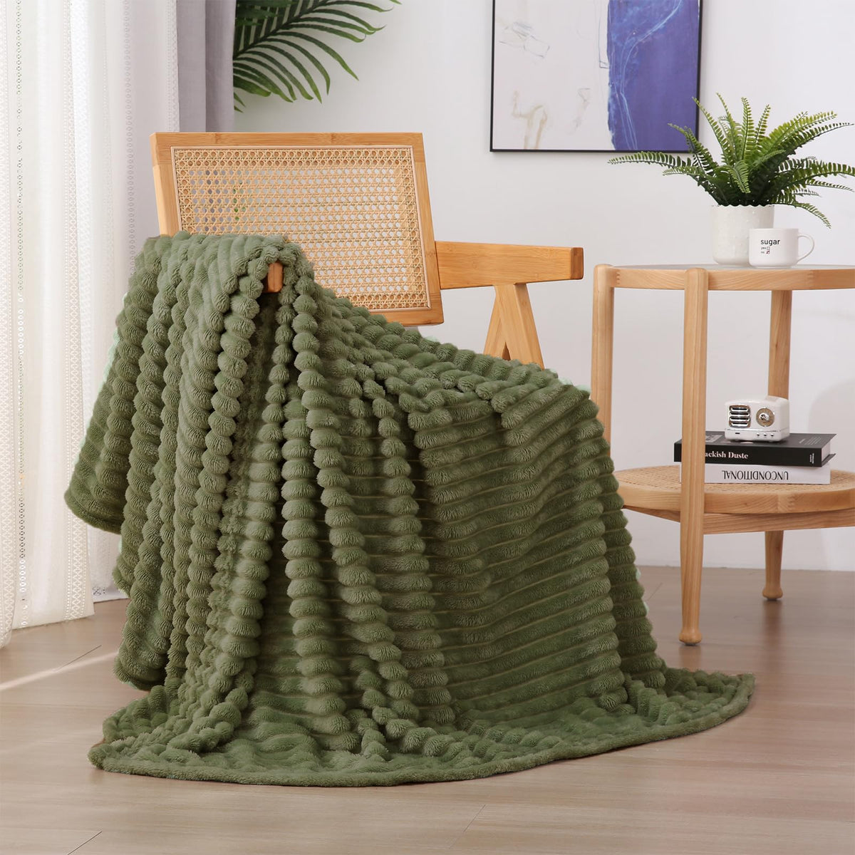 Sage Green Fleece Throw Blanket 50”×60” for Couch Sofa Livingroom