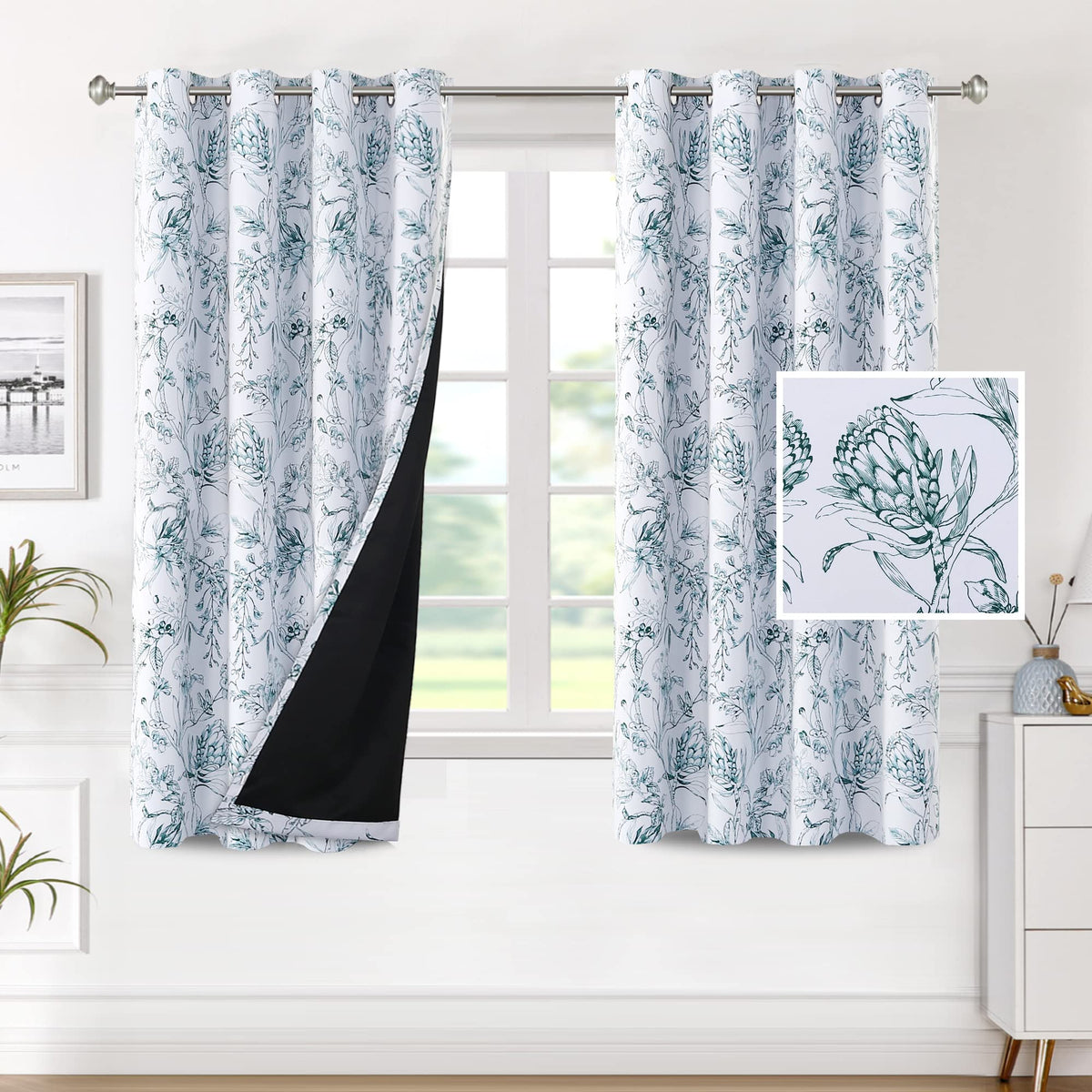 H.VERSAILTEX 100% Blackout Curtains 84 inch Length 2 Panels Set Cattleya Floral Printed Drapes Leah Floral Thermal Curtains for Bedroom with Black Liner Sound Proof Curtains, Grey and Taupe