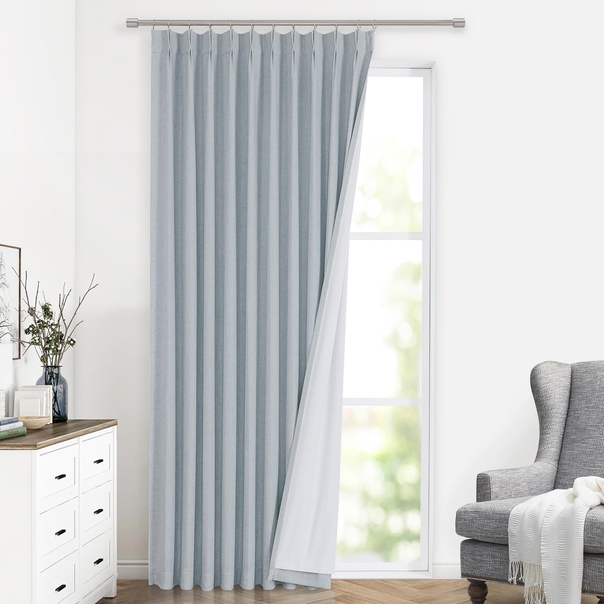 Vision Home Pinch Pleated Full Blackout Curtains Linen Blended Room Darkening Window Curtains 84 inch for Living Room Bedroom Thermal Insulated Pinch Pleat Drapes with Hooks 2 Panel 40"Wx84"L,Blue Fog