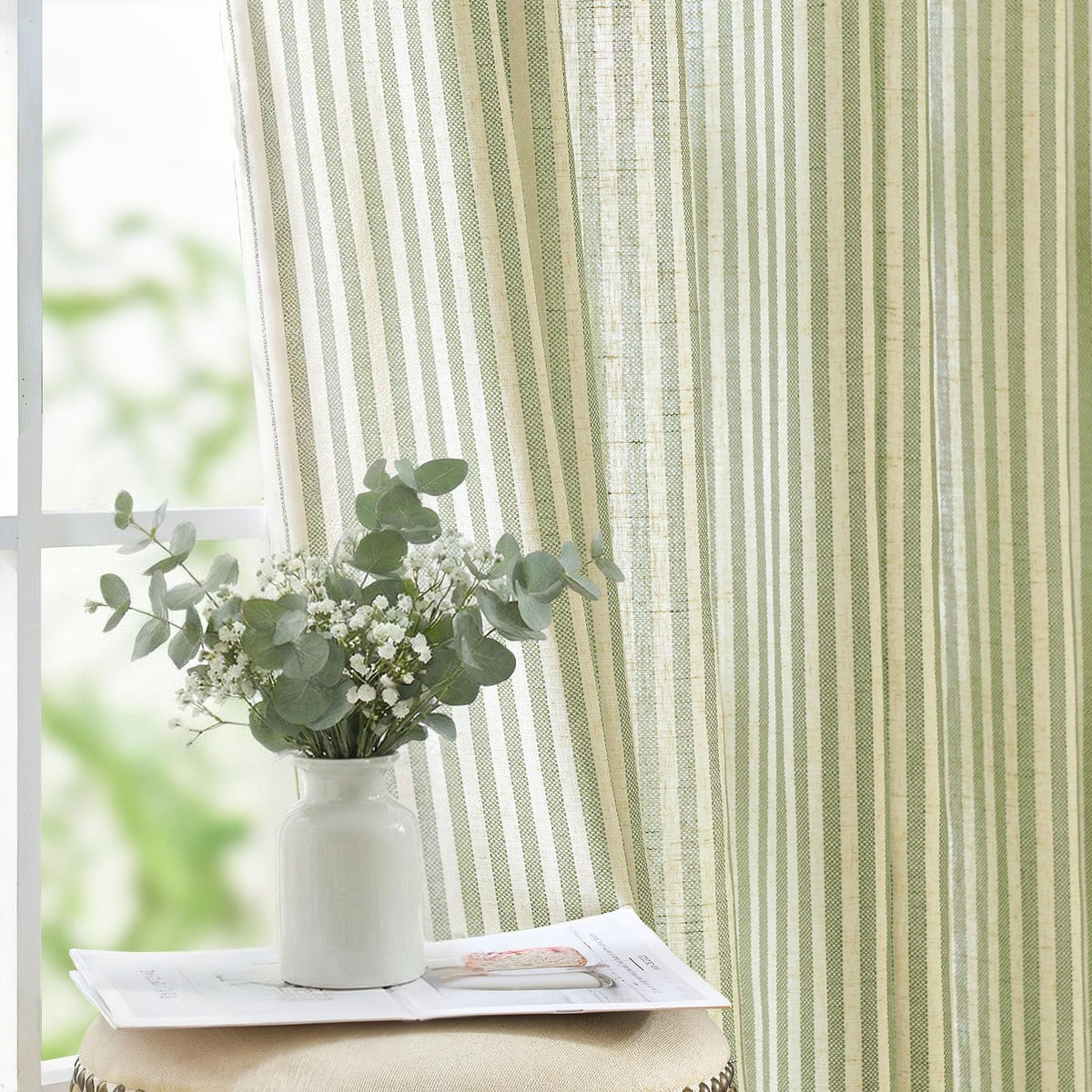 jinchan Linen Curtains 84 Inch Taupe Grey Stripe on Beige Grommet 2 Panels
