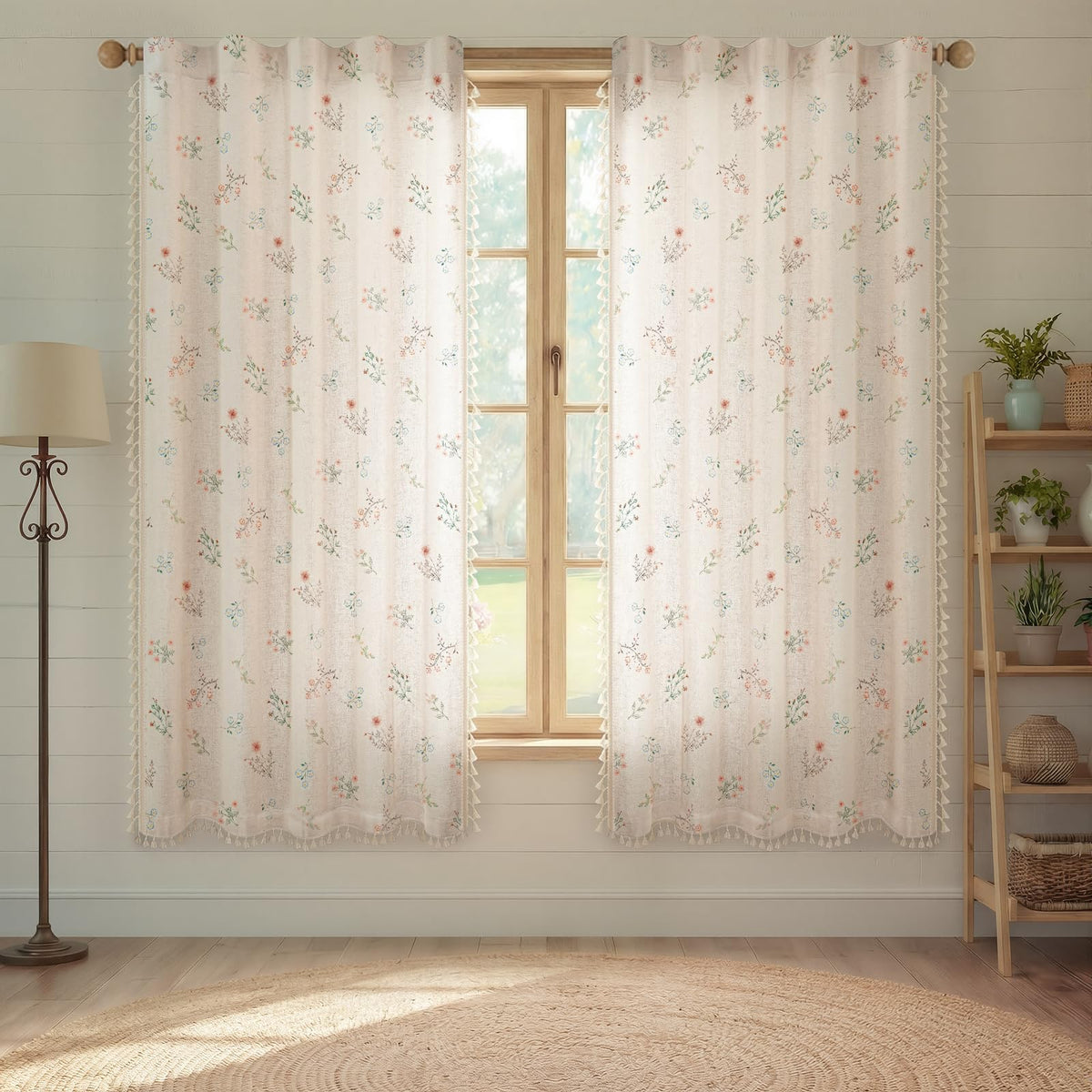 Boho Floral 100% Blackout Curtains 84 Inch 2 Panels Linen Texture
