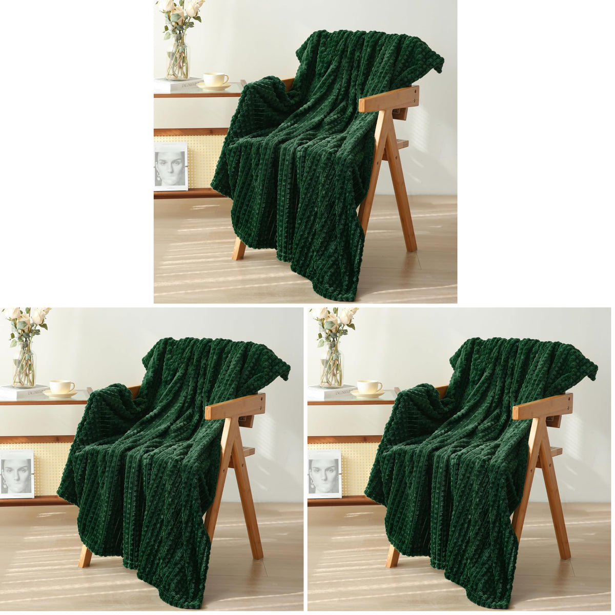 Puncuntex Fleece Throw Blanket Dark Green 50"×60" with Square Grid Design