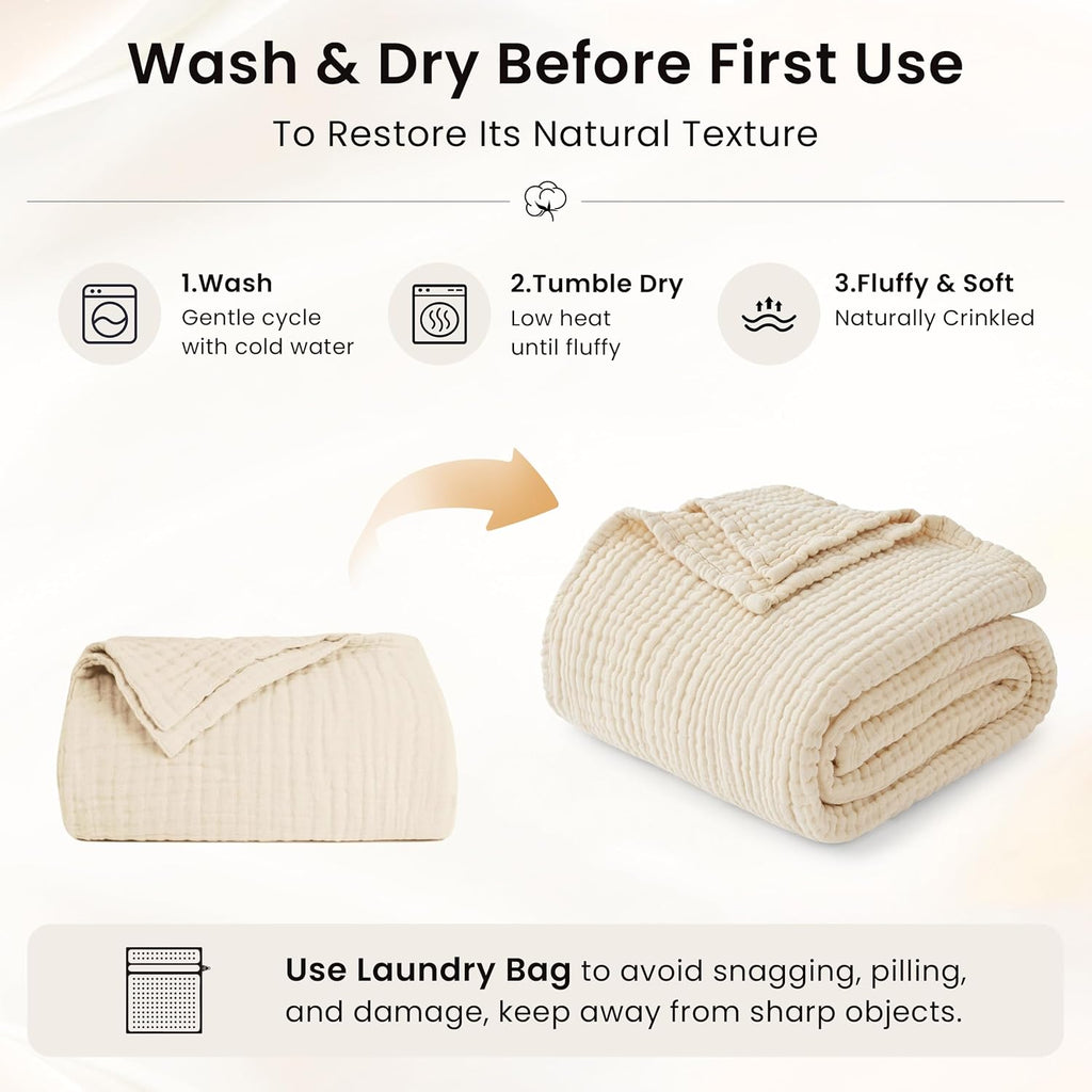 Love's cabin 100% Cotton Muslin Blanket, 6 Layer Lightweight Breathable Gauze Throw Blanket 50 x 60 Inches, Soft All Season Blanket for Couch, Bed, Sofa, Beige