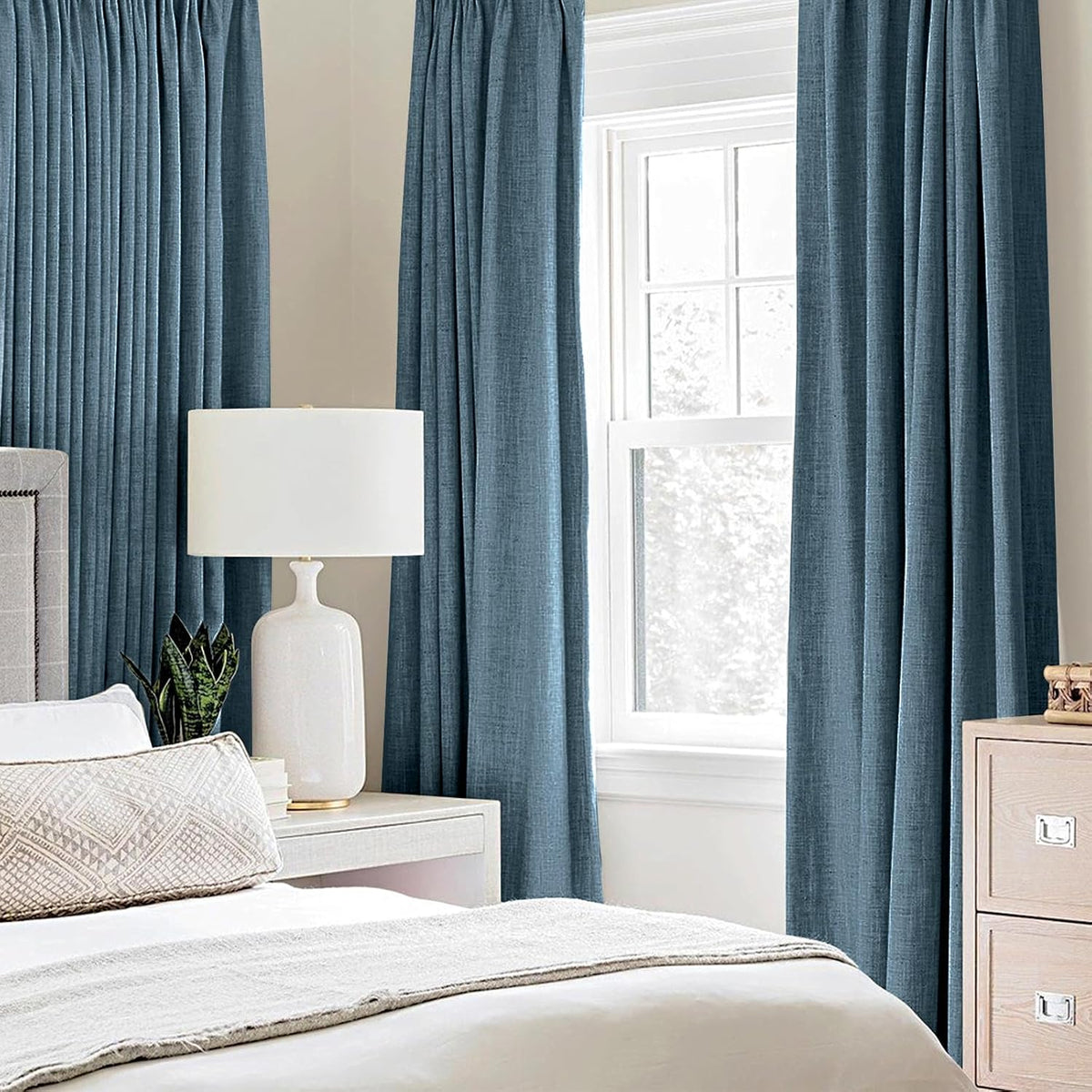 MIULEE 100% Blackout Linen Curtains for Bedroom 52x84 Inches Dusty Blue