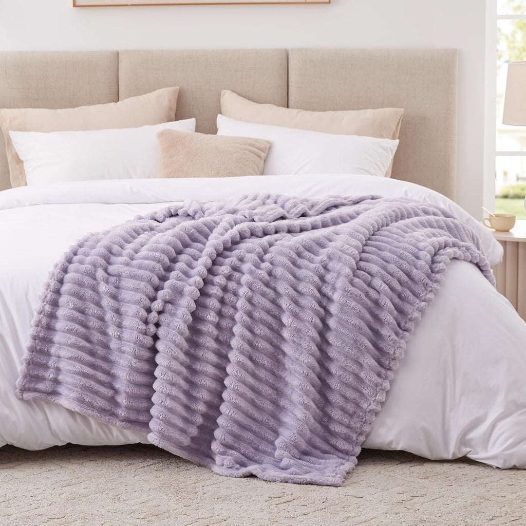 EXQ Home Stripe Jacquard Throw Blanket Light Purple for Couch Gentle Soft