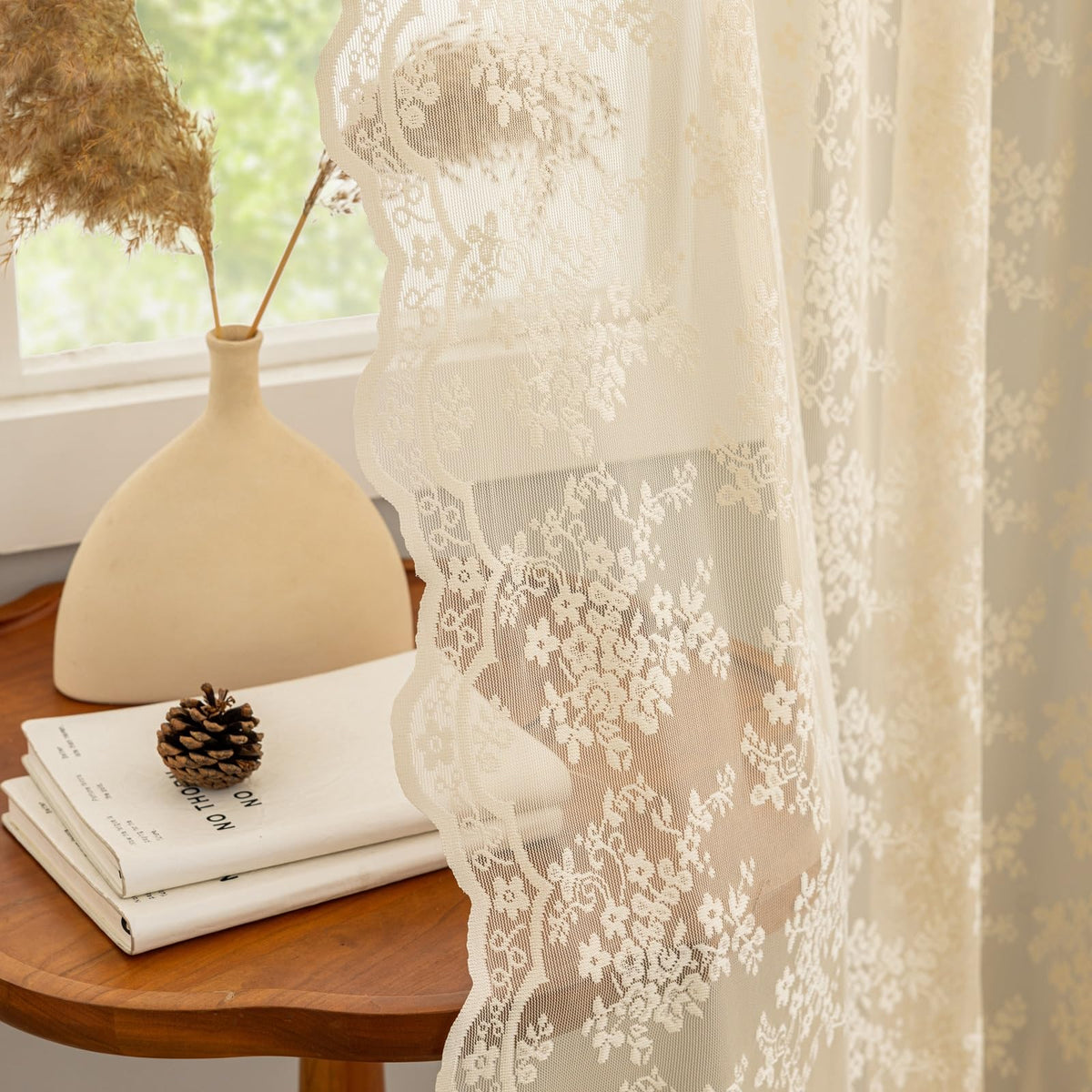 YJ YANJUN Vintage Lace Curtains 84 Inches Long-Victorian Floral Pattern Ivory Sheer Curtain Panels for Living Room Bedroom French Door, Light Filtering Drapes, 2 Panels 52W x 84L Cream
