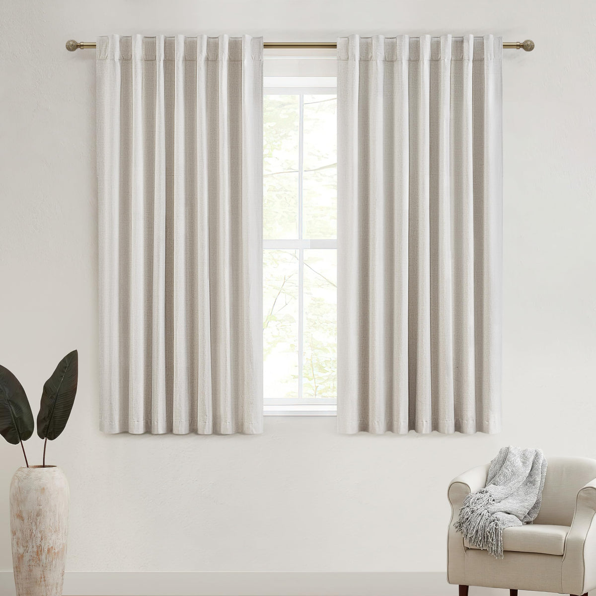 100% Blackout Curtains 84 Inch Length 2 Panels Set Farmhouse Style for Bedroom Windows/Living Room Thermal Insulated Neutral Boho Drapes Linen Blend Natural Ivory 7ft Long Hook Belt Pleated/Back Tab
