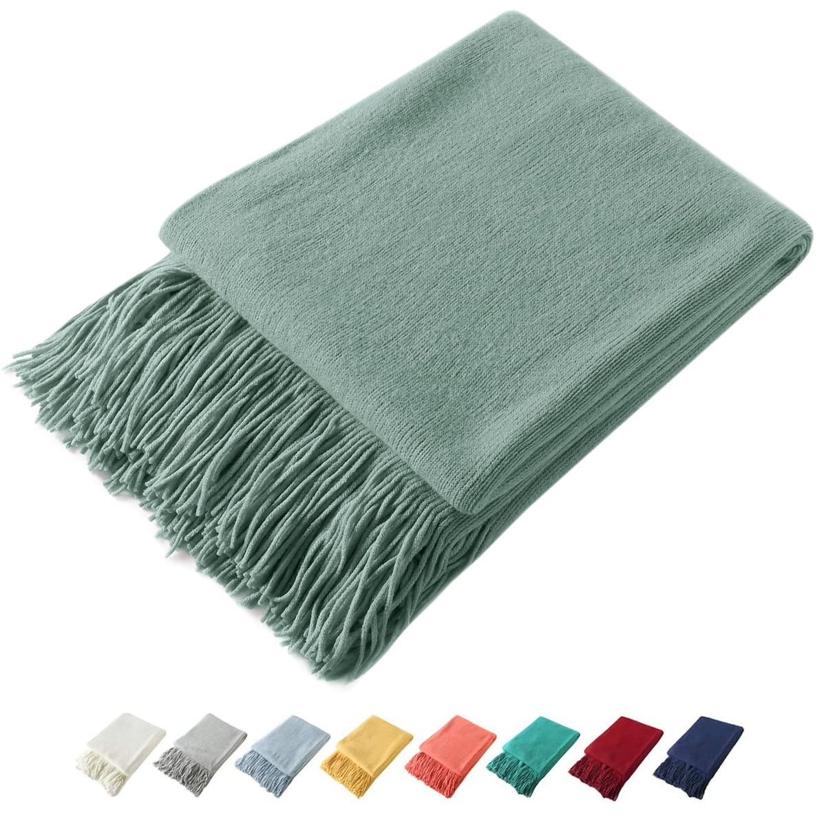 Homiest Pale Blue Knitted Throw Blanket with Fringe, 50x60 Inch
