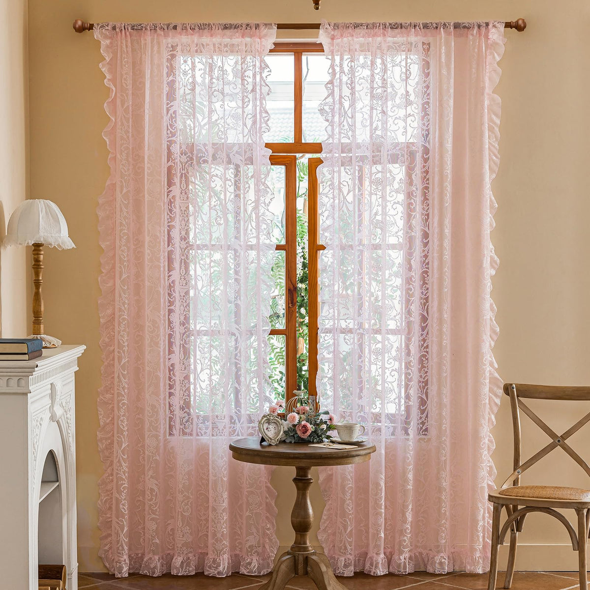TUDECO Lace Maroon Curtains 96 Inches Long 1 Pair - French Floral Sheer Burgundy Curtains for Living Room, Art Decor Rod Pocket Ruffled Edges Dark Wine Red Drapes, 59 x 96 Inch, Burgundy