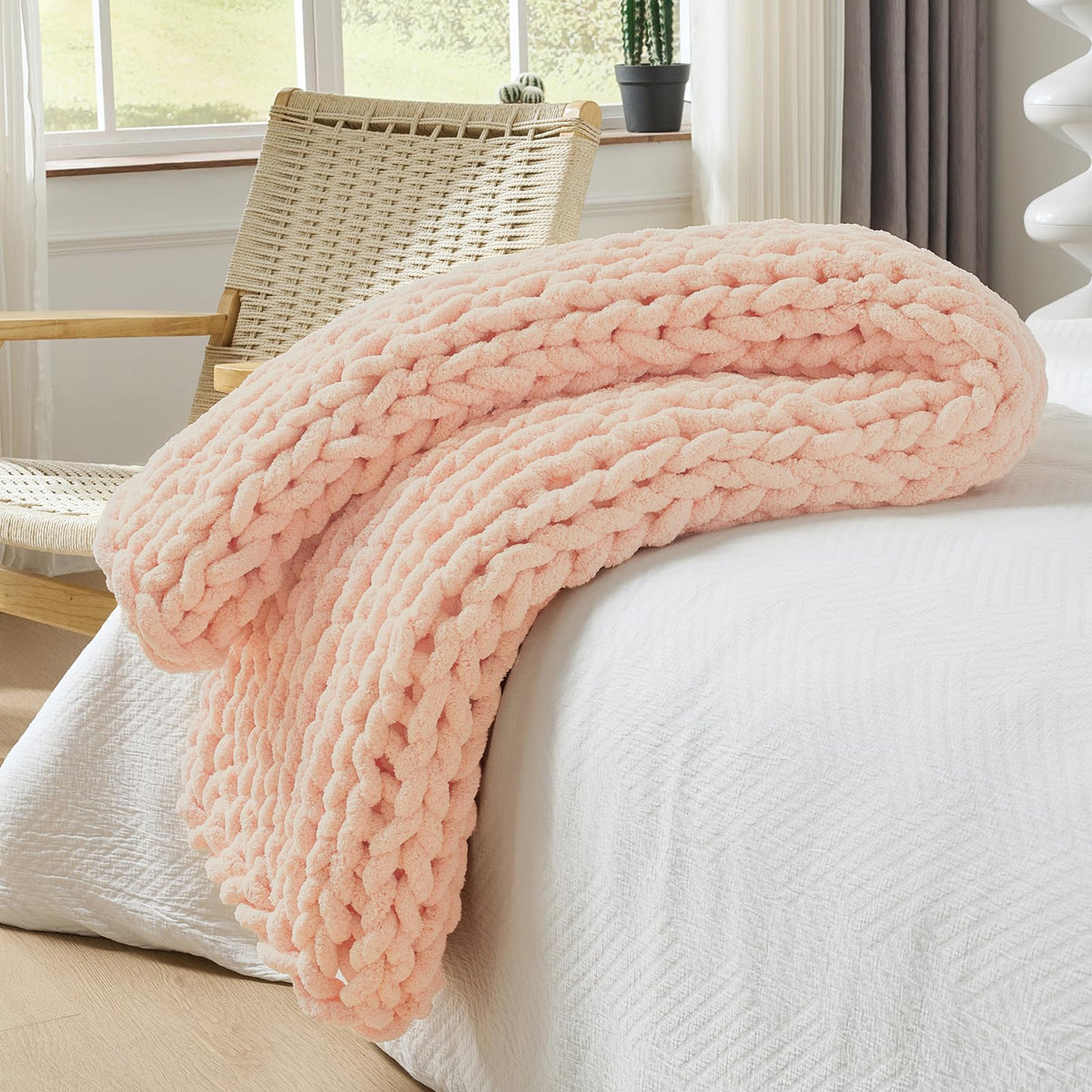 Bigacogo Chunky Knit Throw Blanket for Couch, 40x60 inches, Beige