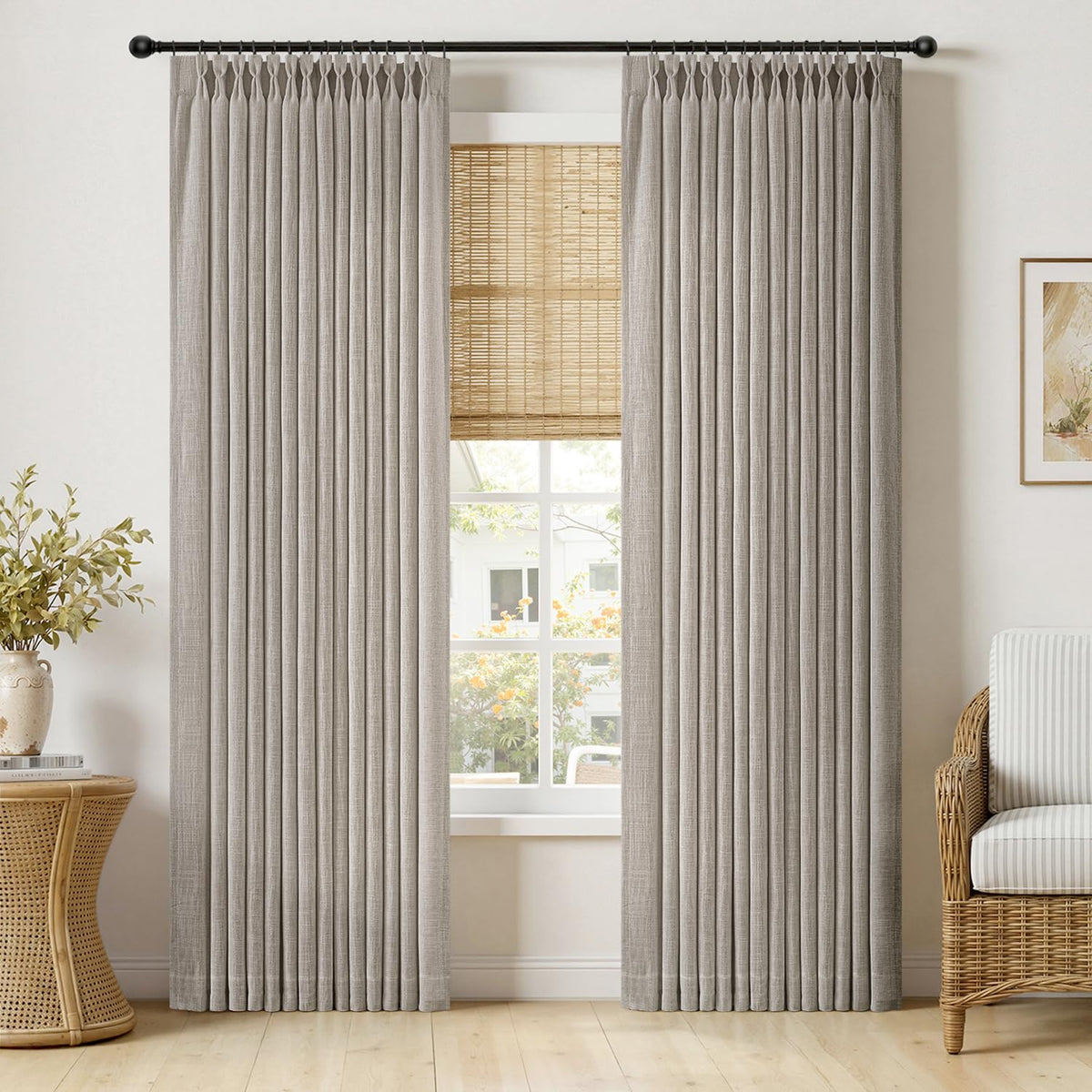 MIULEE Pinch Pleated Linen Curtains 96 Inches Long Beige White 2 Panels