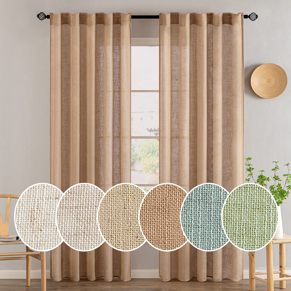 MIULEE Taupe Linen Curtains 52x84 Inch Length for Bedroom and Living Room