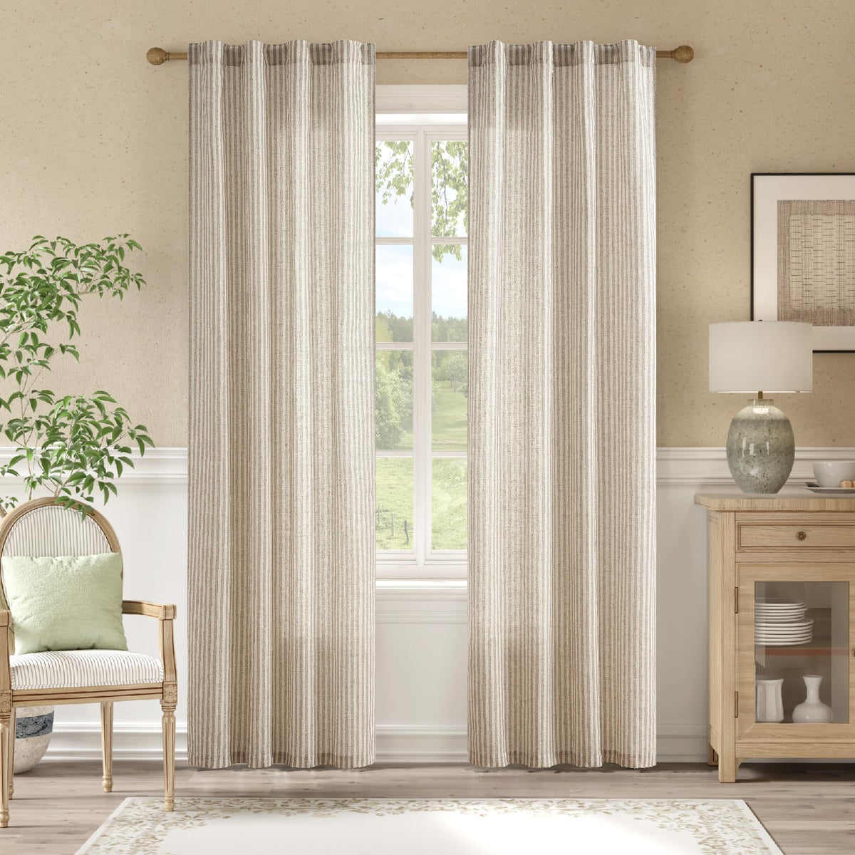 jinchan Linen Curtains 84 Inch Taupe Grey Stripe on Beige Grommet 2 Panels