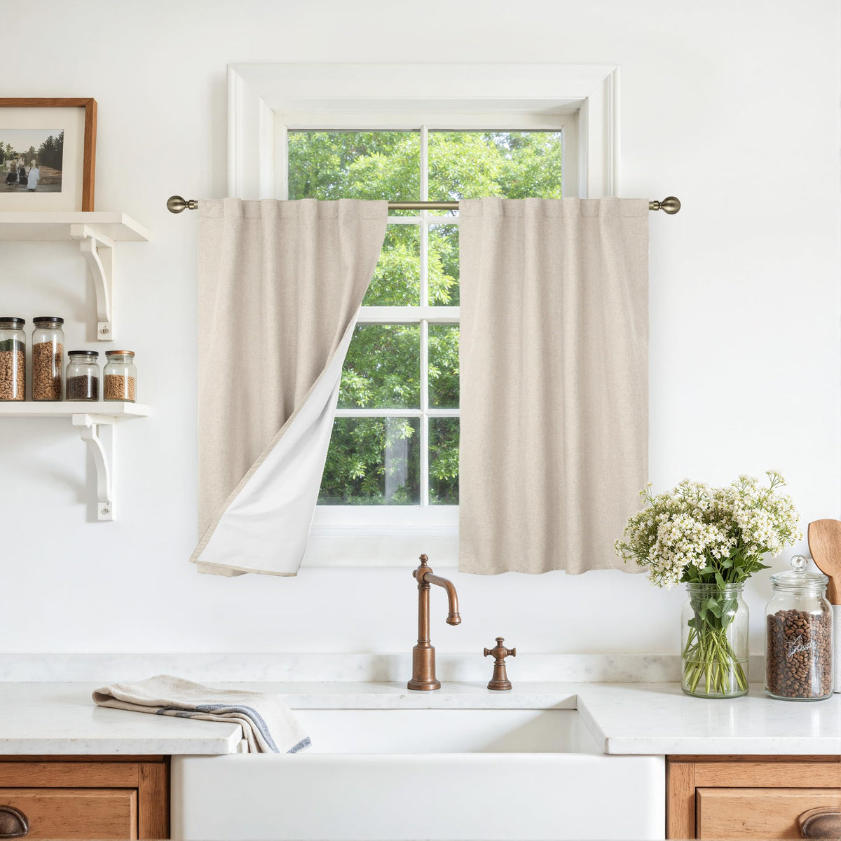 LAMIT 100% Blackout Short Linen Curtains for Cafe 40 Inch Length, Ivory