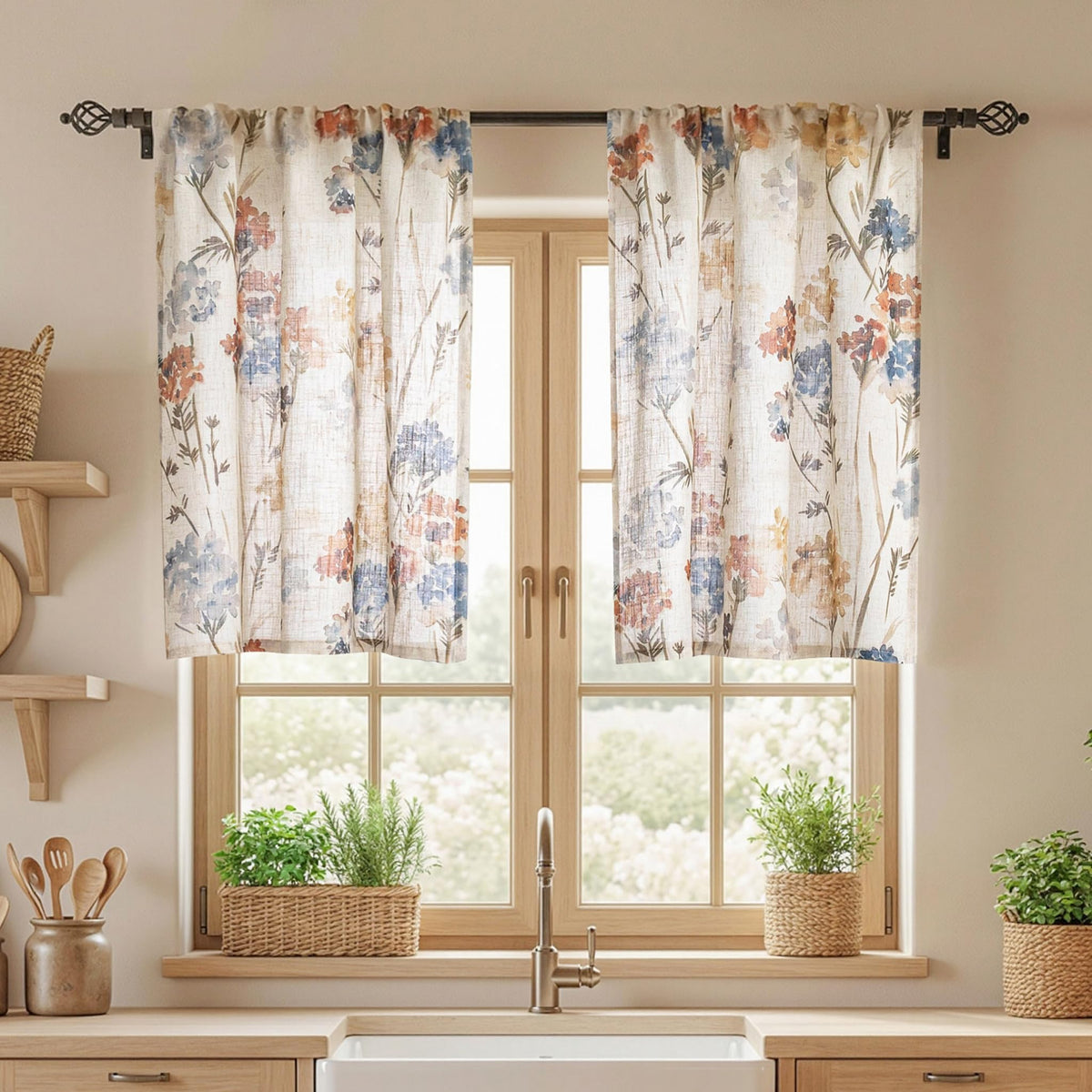 MYSKY HOME Floral Curtains 72 inch for Living Room Linen Semi Sheer Light Filtering Privacy Protect Lightweight Drapes Decor Farmhouse Soft Touch for Dining Room, Yellow, 52" Wide, 2 Panels