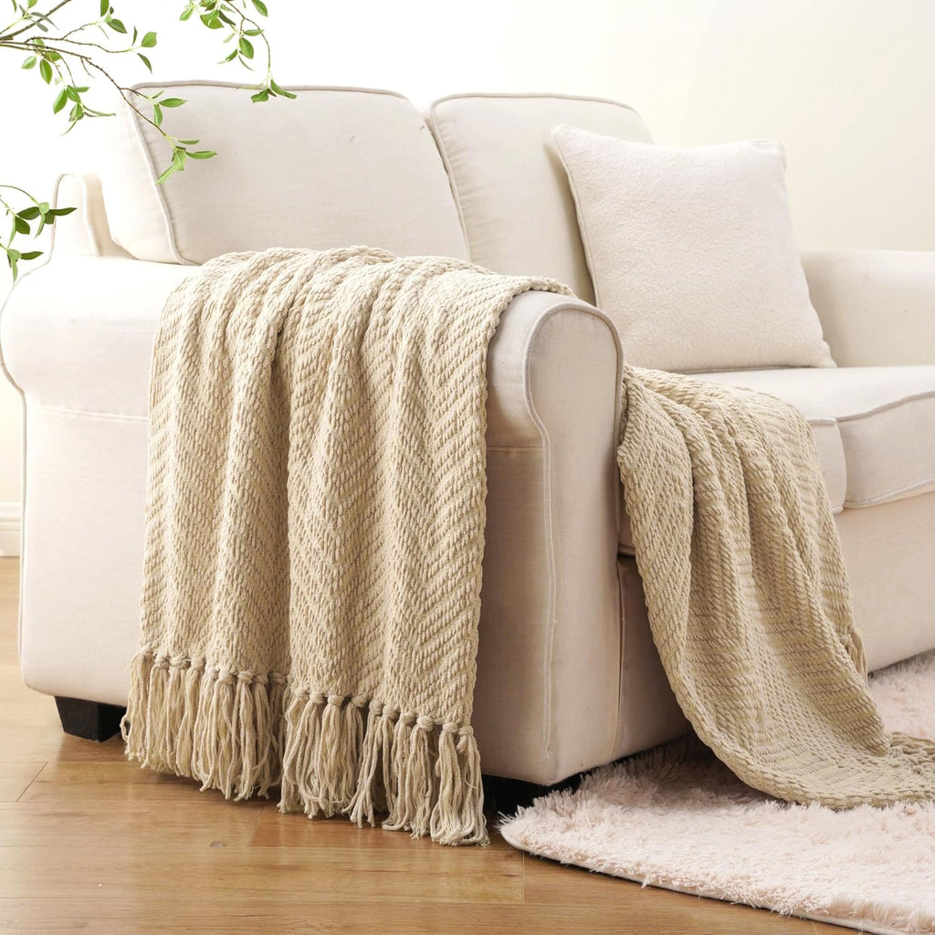 BATTILO HOME Beige Throw Blanket for Couch, Knitted Beige Throw for Bed, Neutral Throw Blankets Tan Throw Blanket for Room Decor Housewarming Gifts, 50" x 60"