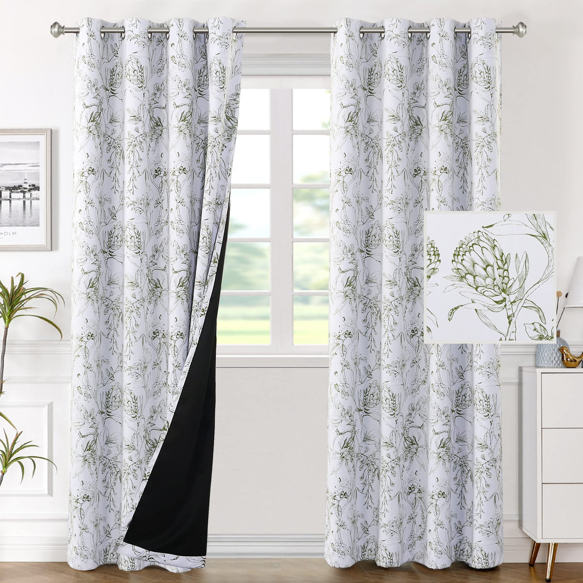 H.VERSAILTEX 100% Blackout Curtains 84 inch Length 2 Panels Set Cattleya Floral Printed Drapes Leah Floral Thermal Curtains for Bedroom with Black Liner Sound Proof Curtains, Grey and Taupe