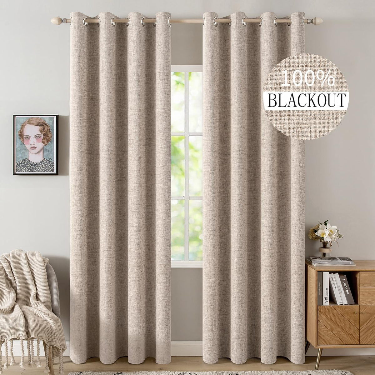 MIULEE 100% Blackout Linen Curtains for Bedroom 52x84 Inches Dusty Blue