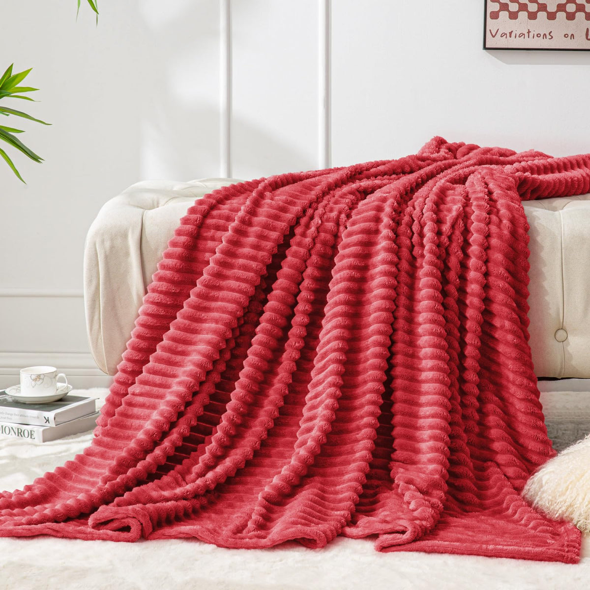 BEDELITE 3D Ribbed Jacquard Pink Fleece Throw Blanket for Couch, 50x60 Inch