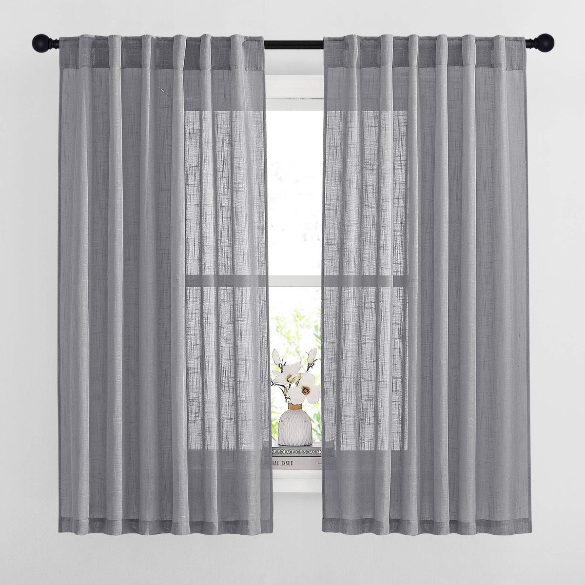 NICETOWN White Linen Sheer Curtains and Drapes 84 inches Long, Rod Pocket & Back Tab semitransparent with Light Through Vertical Window Treatments for Sliding Glass Door & Living Room, 52"W, Set of 2