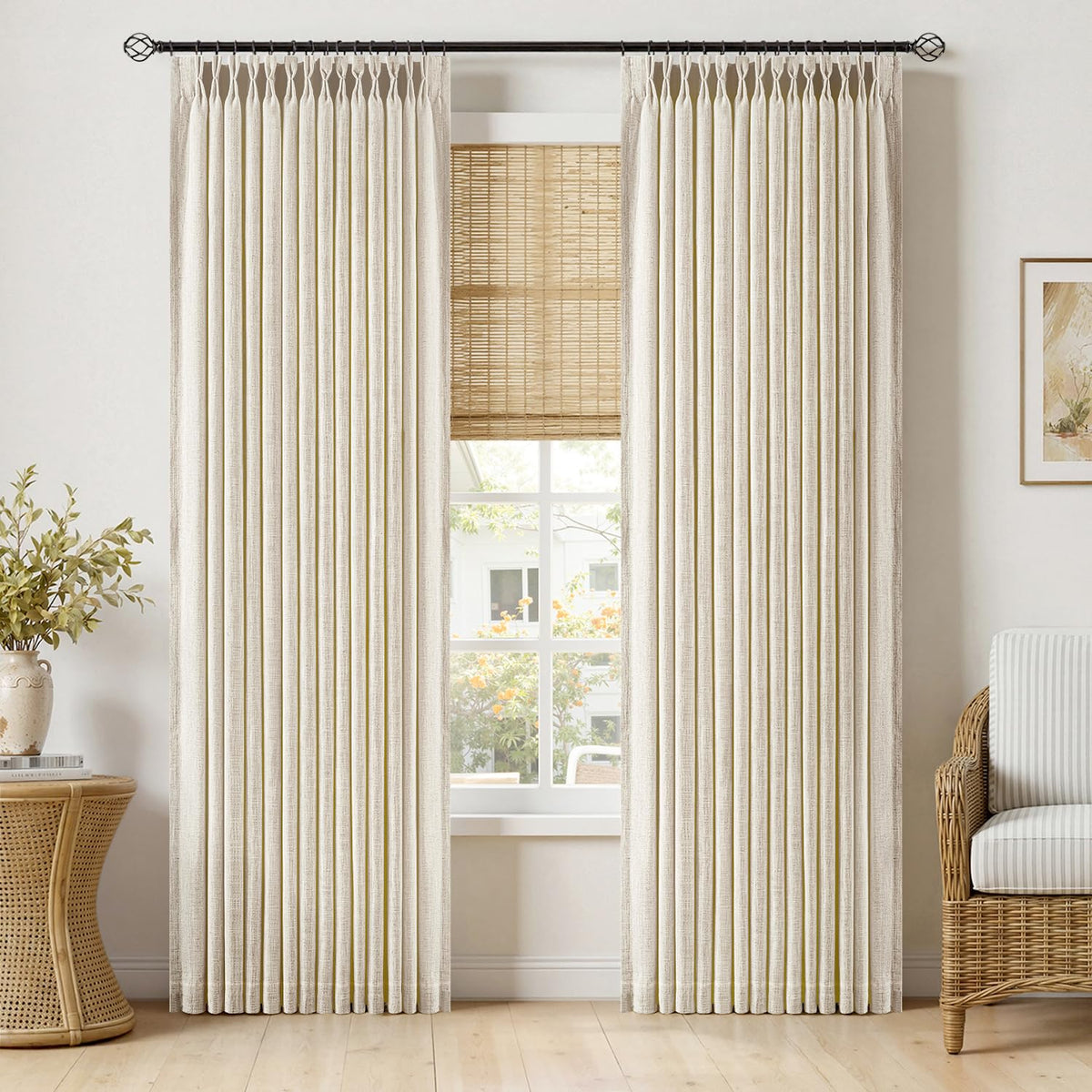 MIULEE Pinch Pleated Linen Curtains 96 Inches Long Beige White 2 Panels