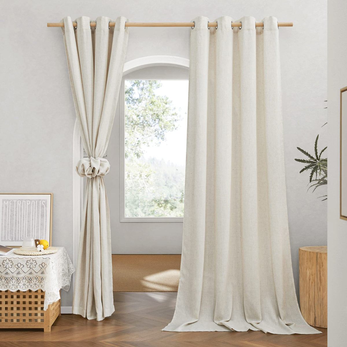 NICETOWN Natural Linen Curtains 84 inch Long 2 Panels Set, Grommet Top Thick Linen Burlap Semi Sheer Vertical Drapes Privacy Assured with Light Filtering for Bedroom/Living Room, W55 x L84