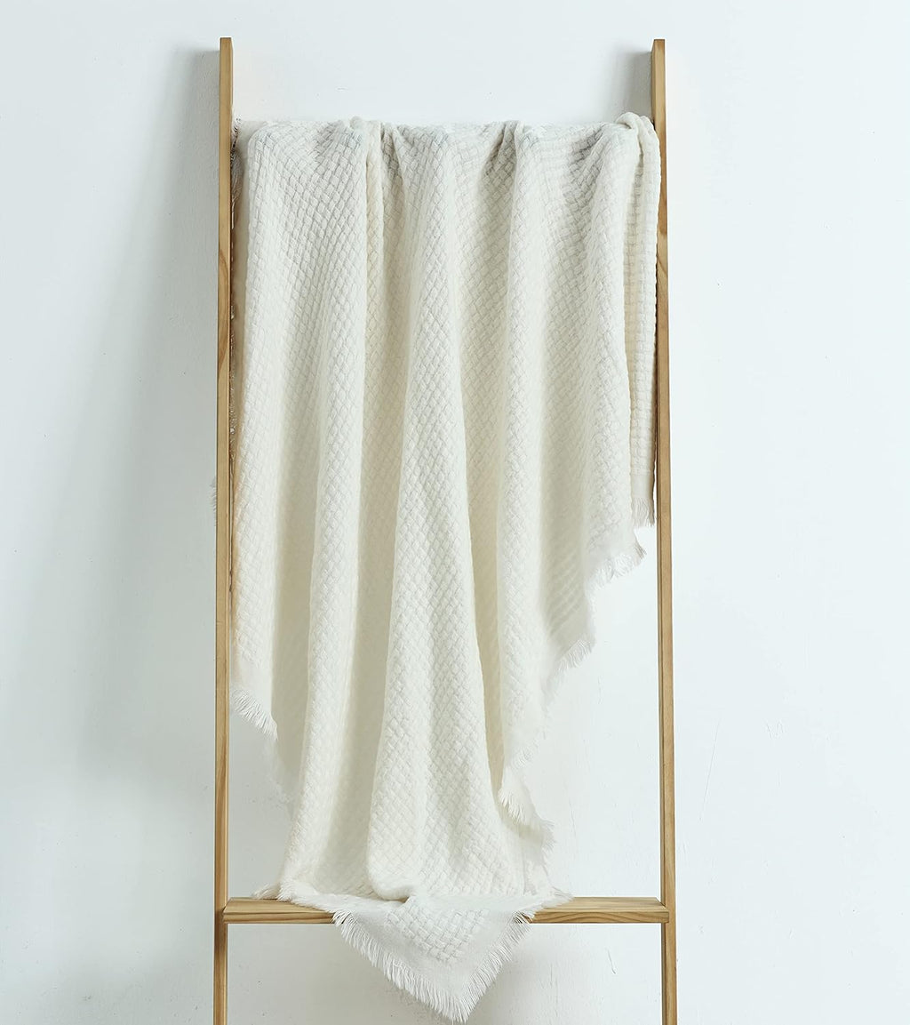 CREVENT Farmhouse Boho Knitted Throw Blanket for Couch Sofa Chair Bed Home Decoration, Soft Warm Cozy Light Weight for Spring Summer Fall (50''X60'' Off White/Ivory/Cream)