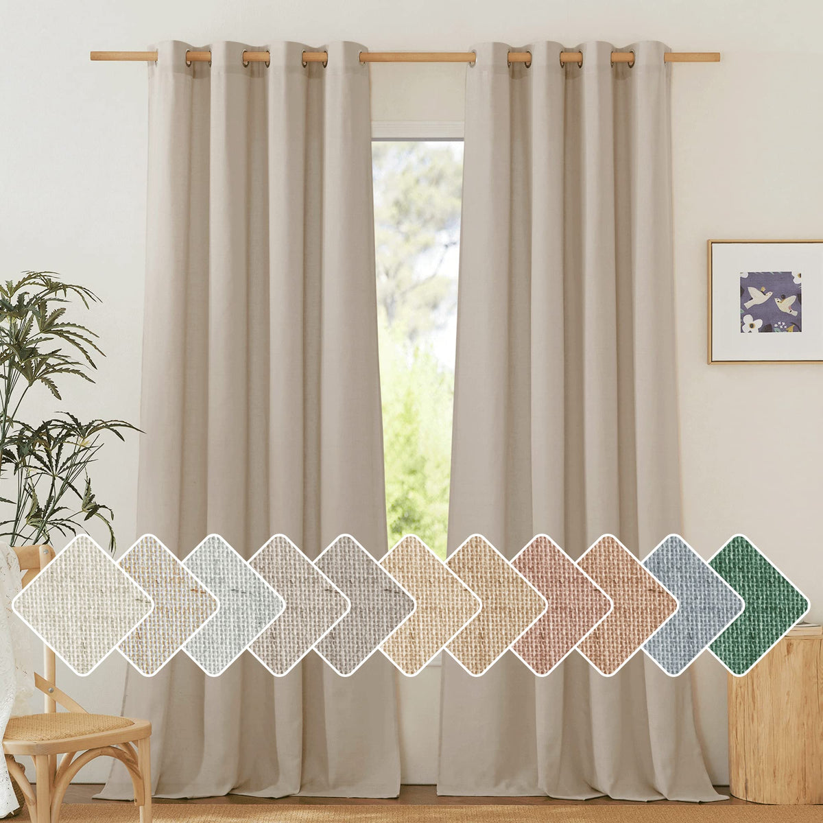 NICETOWN Natural Linen Curtains 84 inch Long 2 Panels Set, Grommet Top Thick Linen Burlap Semi Sheer Vertical Drapes Privacy Assured with Light Filtering for Bedroom/Living Room, W55 x L84