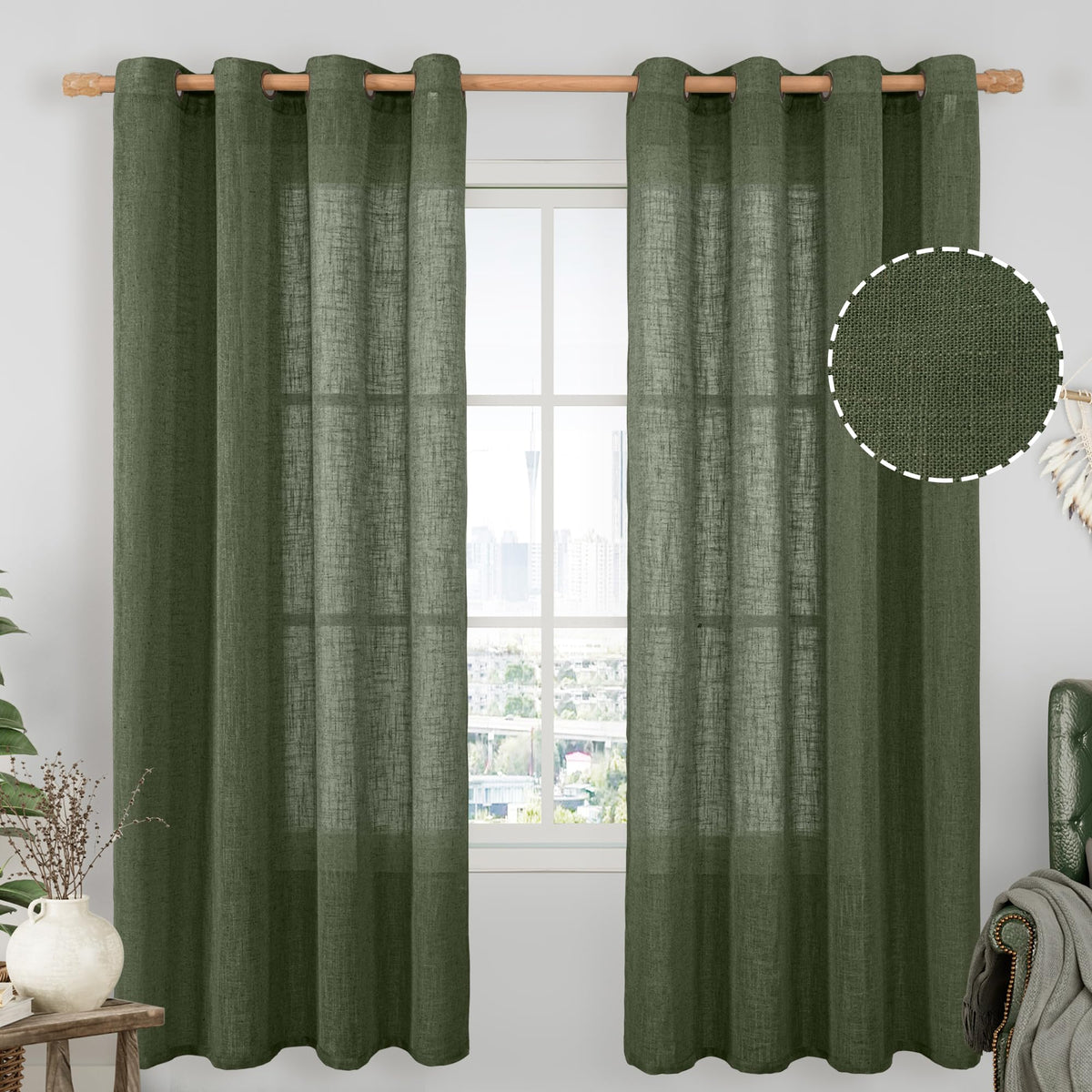 LAMIT Cream Ivory Linen Semi Sheer Curtains 84 inch Length for Bedroom
