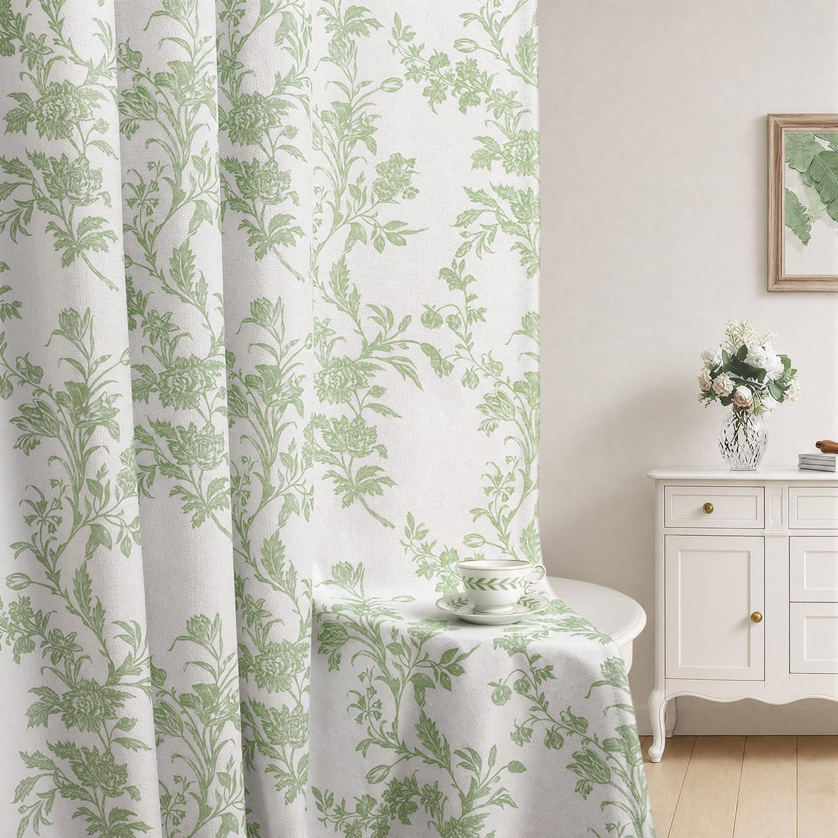 Boho Floral 100% Blackout Curtains 84 Inch 2 Panels Linen Texture