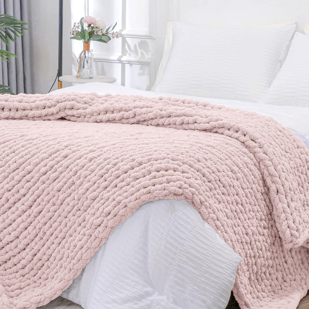 Bigacogo Chunky Knit Throw Blanket for Couch, 40x60 inches, Beige