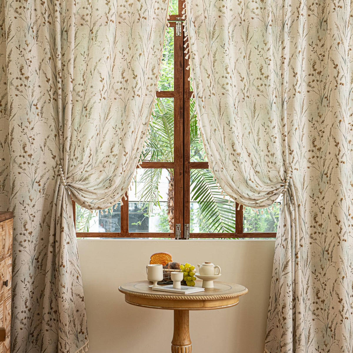 ENJOYBRIDAL Floral Curtains 84 Inch Long Living Room Boho Drapes Bedroom 2 Panels Semi Sheer Floor Length Window Curtain Panels Vintage Rod Pocket Tassel Farmhouse Nursery Window Treatments