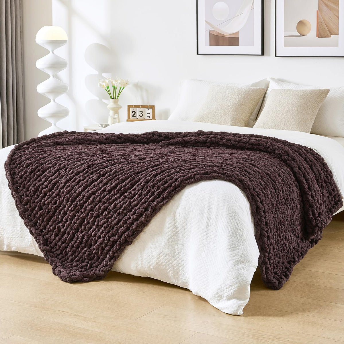 Bigacogo Chunky Knit Throw Blanket for Couch, 40x60 inches, Beige