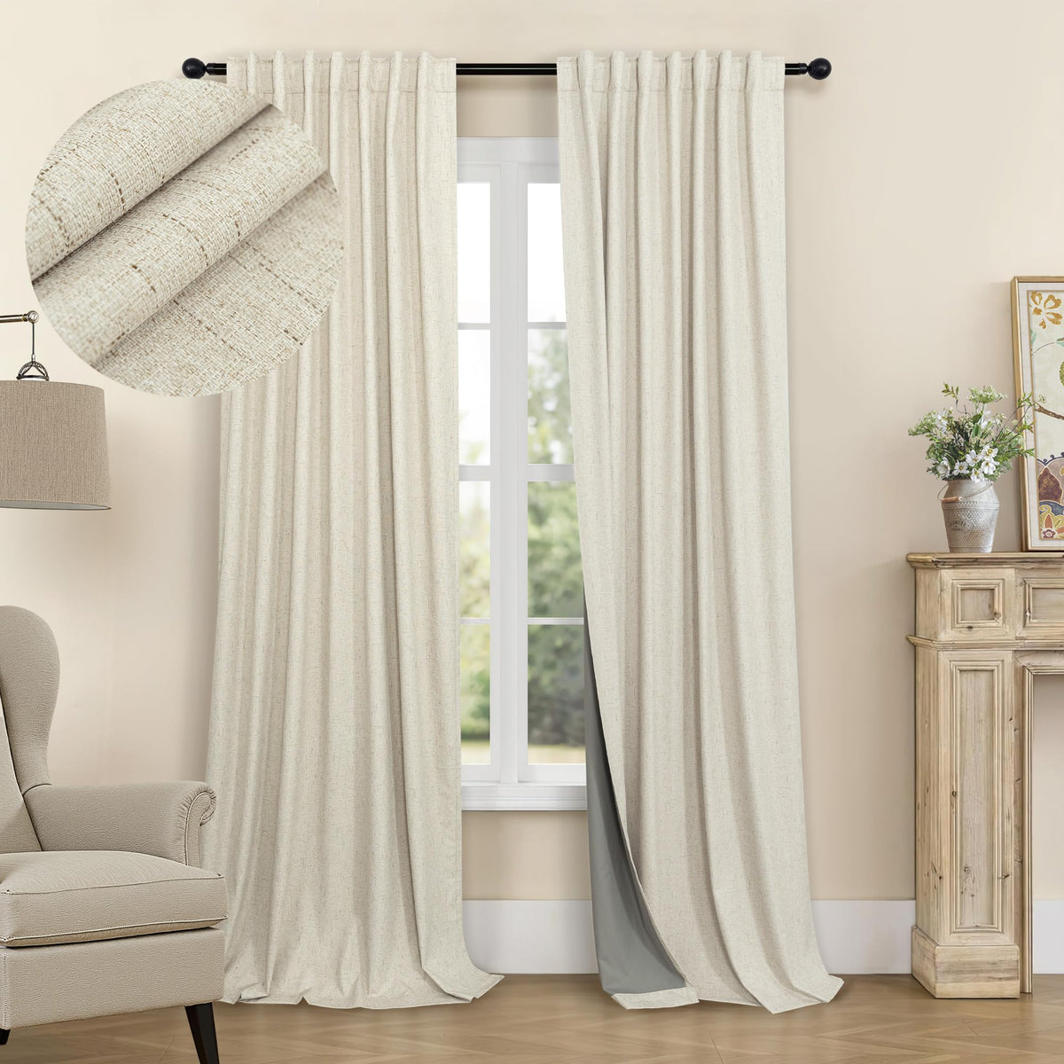 100% Blackout Curtains 84 Inch Length 2 Panels Set Neutral Boho Linen Farmhouse for Bedroom Windows Living Room Darkening Thermal Insulated Drapes Natural Cream Ivory 7ft Long Back Tab Pleated Pocket