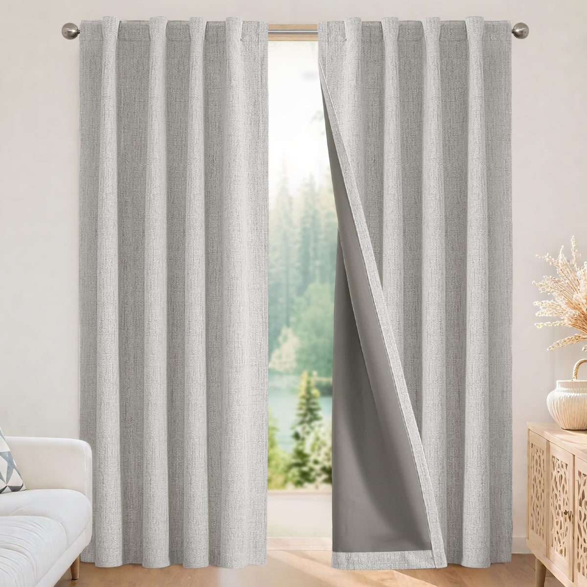 Joydeco Blackout Curtains for Bedroom - 84 Inch Long 100% Light Blocking 2 Panels Light Beige Drapes, Thermal Insulated Room Darkening Curtains, Linen Textured for Living Room, Rod Pocket & Back Tabs