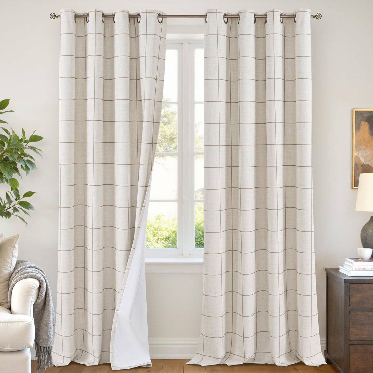 Lajode Linen Blackout Curtains - Boho Plaid 52x84 Inch 2 Panels, Natural