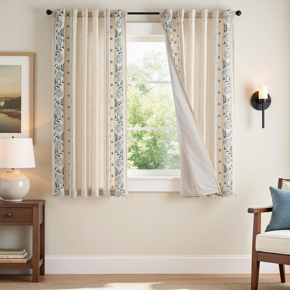 jinchan Sage Floral Linen Curtains for Living Room 84" Back Tab 2 Panels