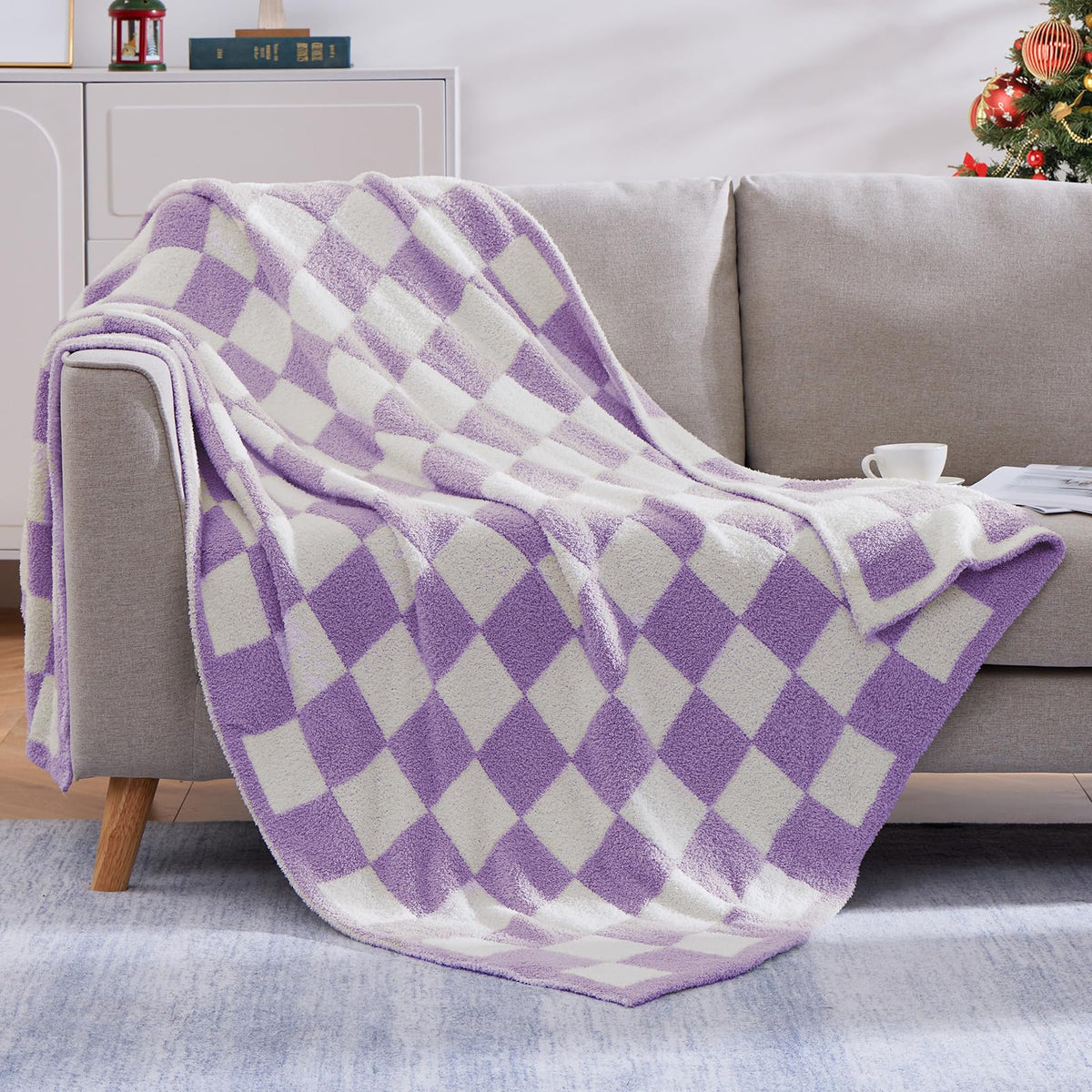 WRENSONGE Soft Checkered Throw Blanket for Couch-Cozy Warm Knitted Blankets