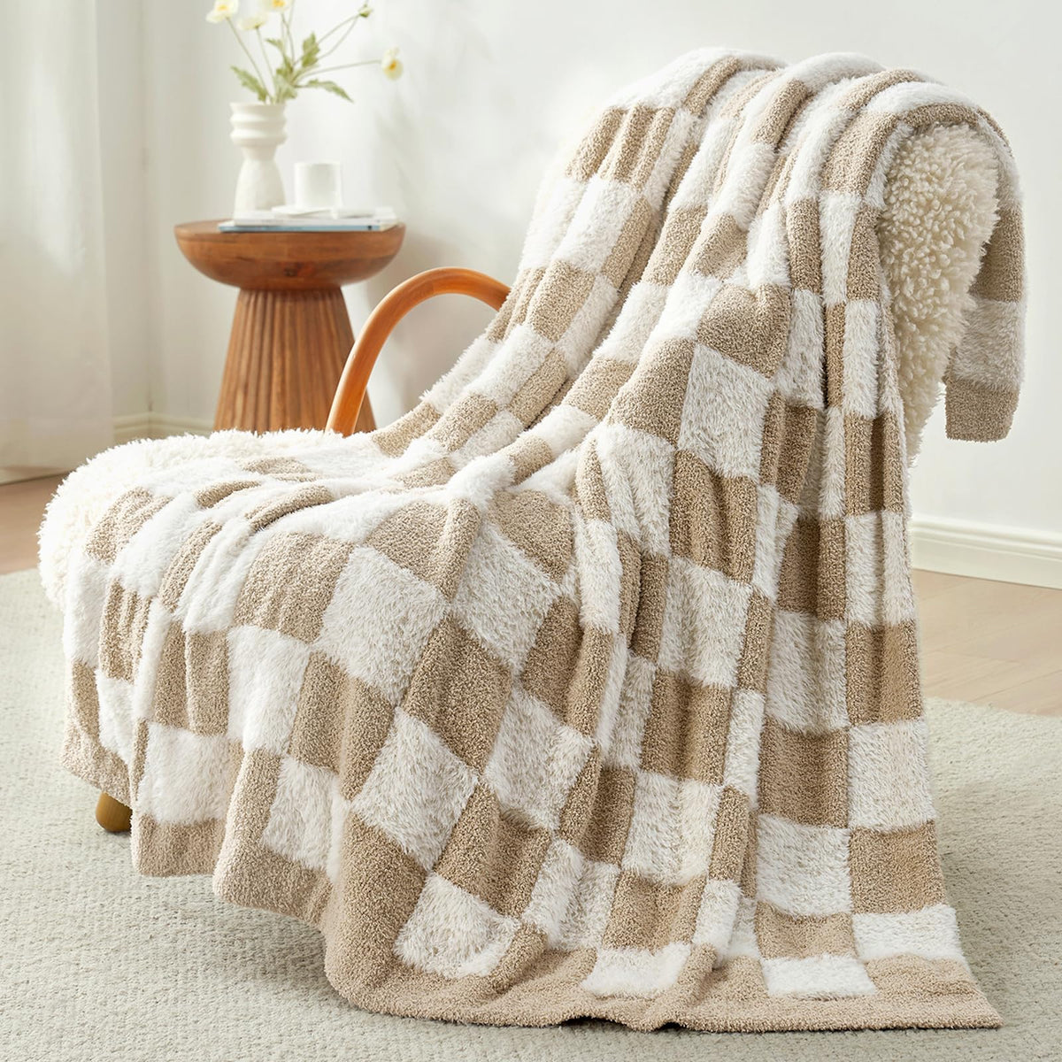 Snuggle Sac Fall Checkered Throw Blanket Faux Fur Microfiber Blankets for Couch,Cozy Soft Warm Blanket for Sofa Bedroom Living Room,Beige Checker,50x60 inches