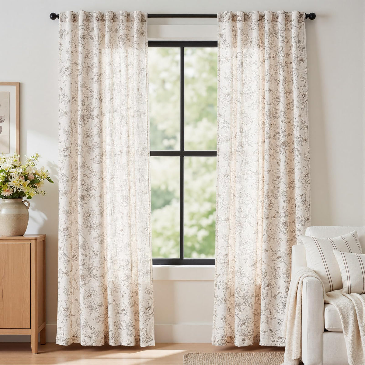 jinchan Taupe Floral Linen Curtains 84 Inch Farmhouse Back Tab 2 Panels
