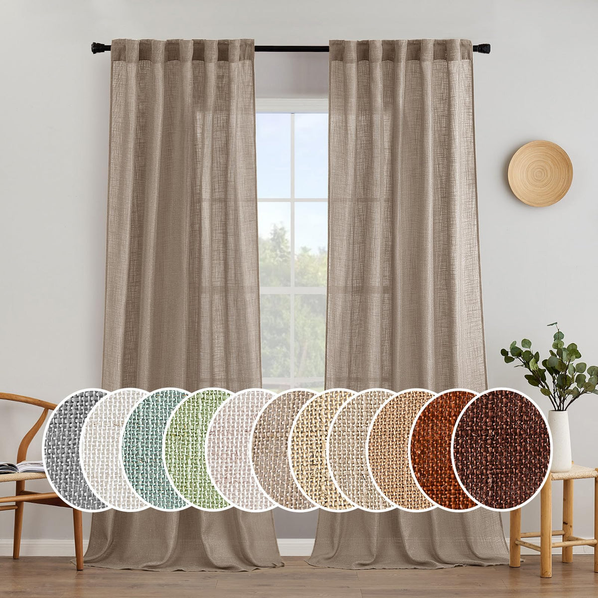 MIULEE Natural White Linen Curtains 52x90 Inch Long 2 Panels for Bedroom